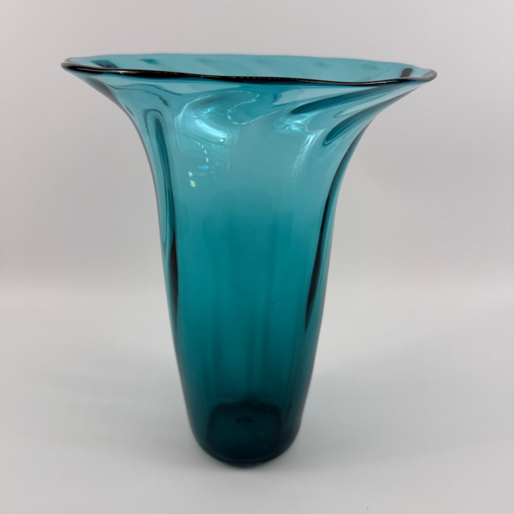 MCM Teal Swirl Optic Flared Glass Vase Blenko Style Pilgrim Rainbow Kanawha